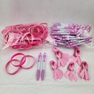 Pink Ribbon Breast Cancer Awareness Month‎ Lot of 210 Ribbons Pens Bracelets